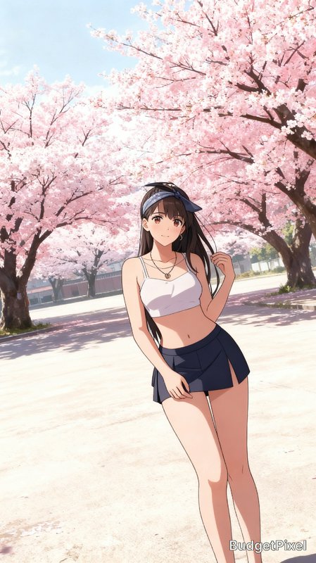 Anime-style girl standing under pink cherry blossoms in a sunlit park.