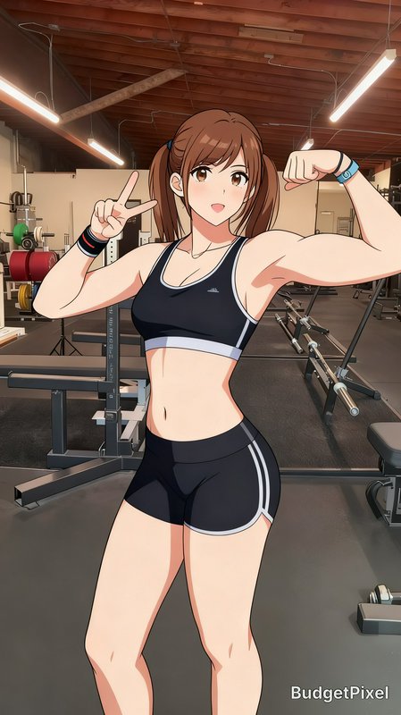 Cheerful anime girl with brown twin tails flexes her bicep and holds a peace sign inside a sunlit...