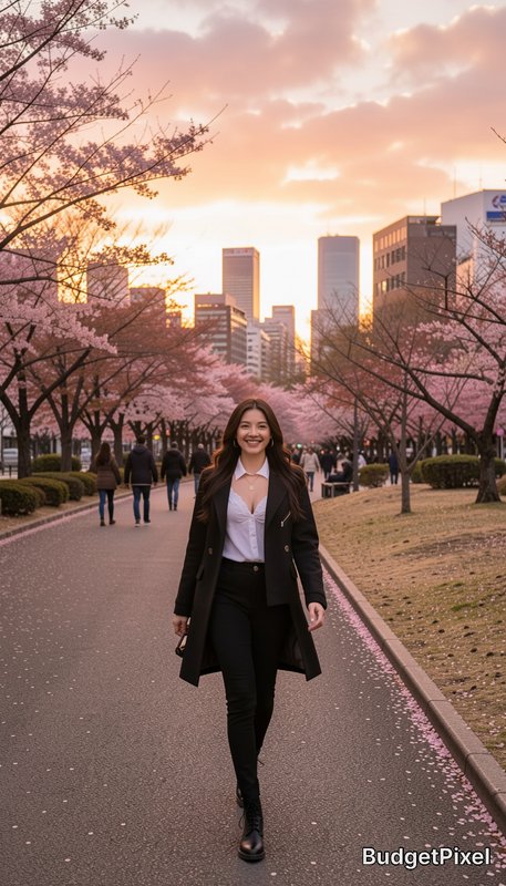 Smiling woman walks along a cherry blossom lined urban park path at warm golden sunset, downtown ...