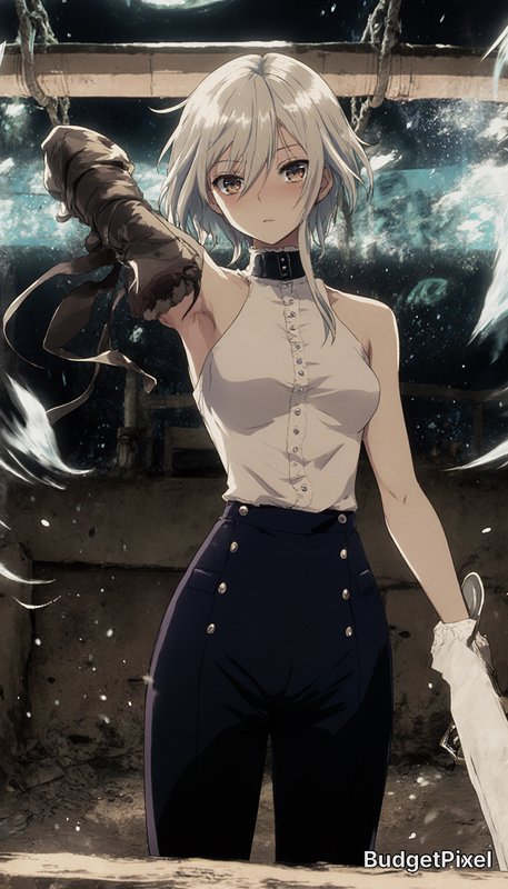 Anime illustration of a short silver-haired young woman holding out a bandaged arm in a moonlit r...