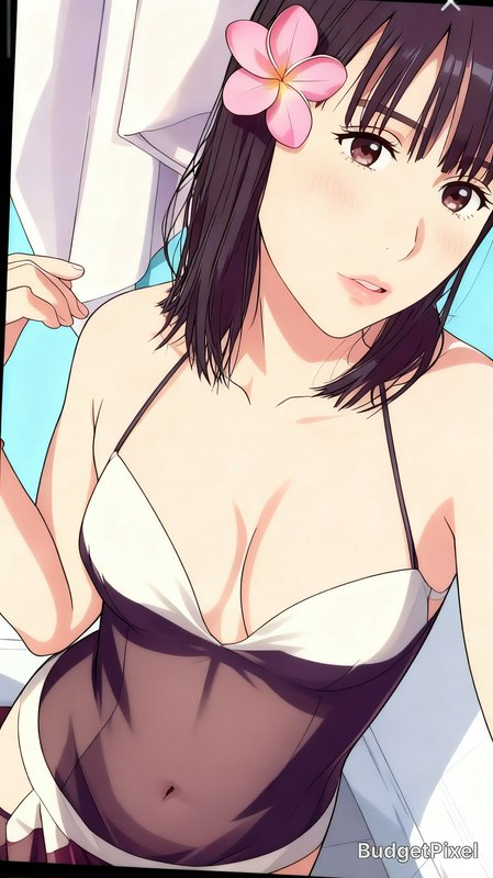 Anime young woman with a pink plumeria hair flower reclines on a bed, wearing a sheer trimmed cam...