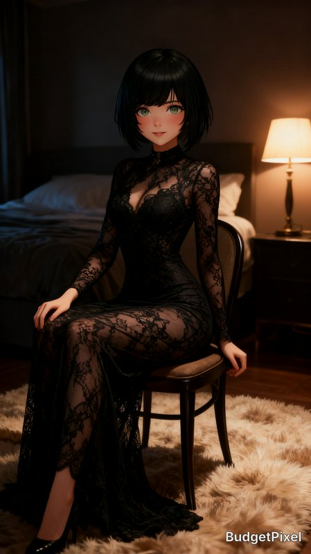 Anime young woman with short black hair in a black lace evening gown sits on a chair in a warm di...