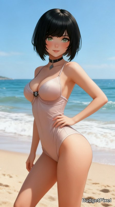 Anime style young woman with short black hair poses in a pale swimsuit on a sunny sandy ocean beach