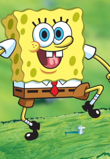 SpongeBob SquarePants jumping with a big smile on a green grassy background.