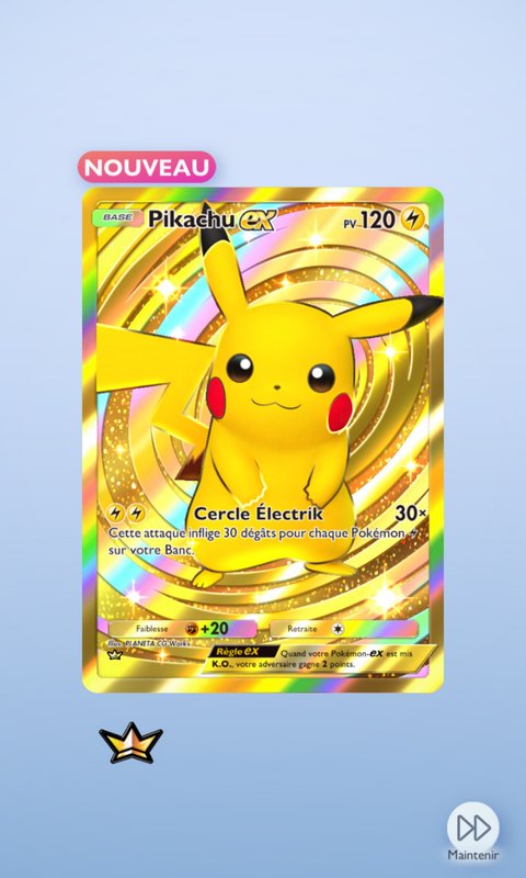 Pikachu EX holographic Pokémon card with rainbow swirl background and "NOUVEAU" badge.