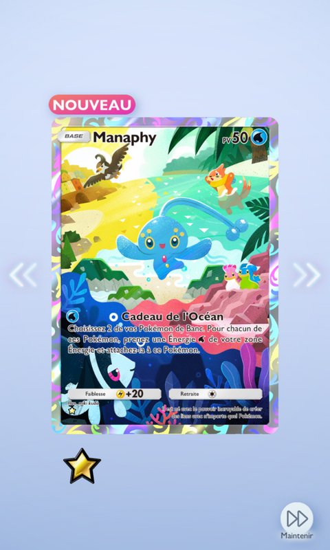 Pokémon card featuring Manaphy with vibrant ocean scene and holographic border.