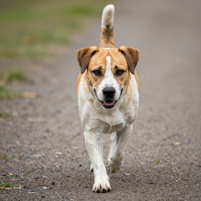 Happy brown and white dog walking toward the camera on a gravel path