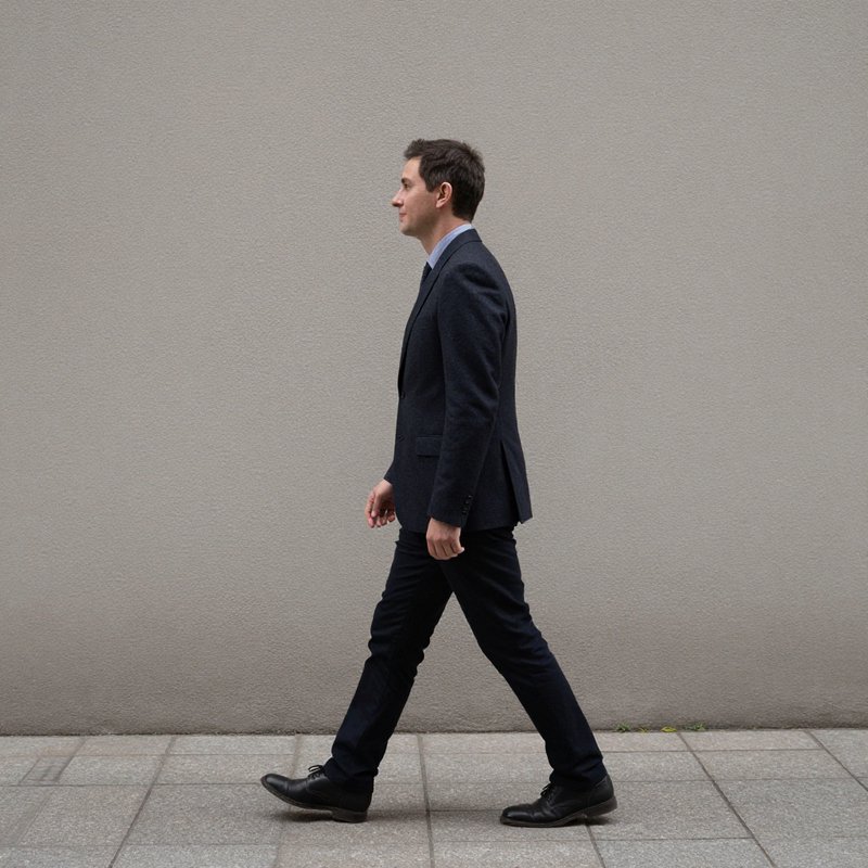 Man in dark suit walking in profile against a plain gray wall