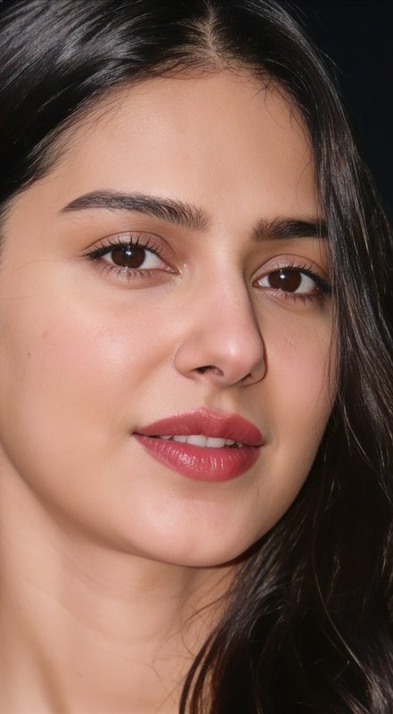 Close-up portrait of Bollywood actress Sara Ali Khan with dewy natural makeup and long dark hair ...