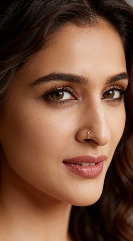 Close-up beauty portrait of Vaani Kapoor with a small gold nose ring, dewy warm skin, soft neutral makeup, and loose dark ...