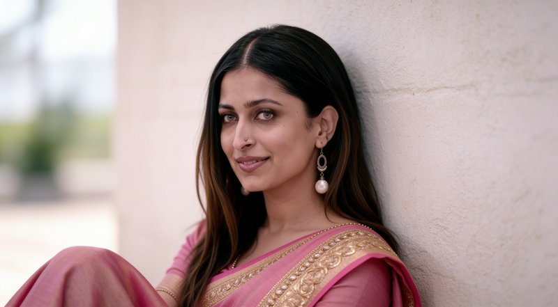 Indian actor Bhumika Chawla in a pink gold-trimmed saree leans on a stone wall, smiling softly at...