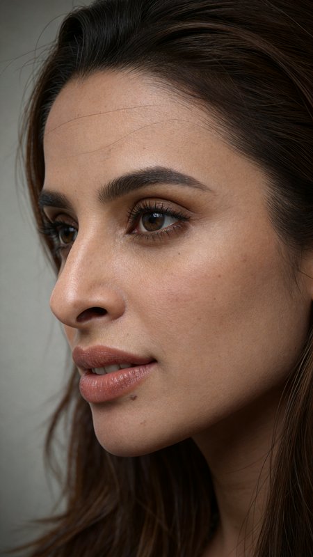 Three-quarter close-up of a woman with warm medium skin, dark brown hair, natural dewy makeup, looking off-camera against ...