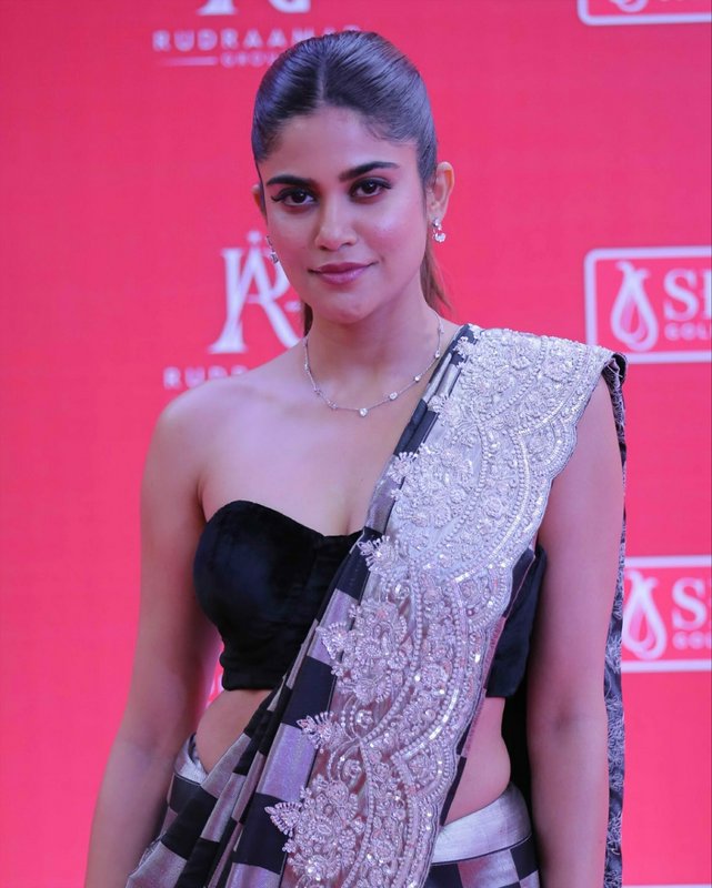 Glamorous Indian woman in an embellished black and silver saree poses against a red event step-an...
