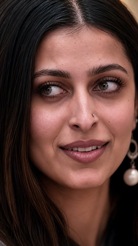 Close-up portrait of a South Asian woman with dark highlighted hair, nose stud, and pearl earring...