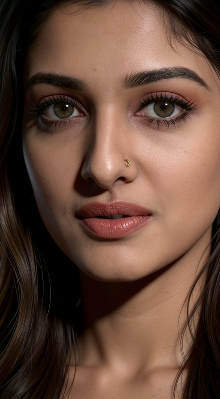 Close-up studio portrait of a young South Asian woman with a small gold nose ring, lit by soft dr...