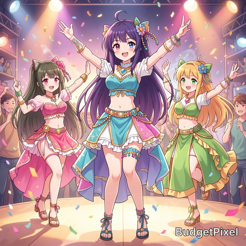 Three cheerful anime idol performers wave to fans from a lit concert stage as colorful confetti f...
