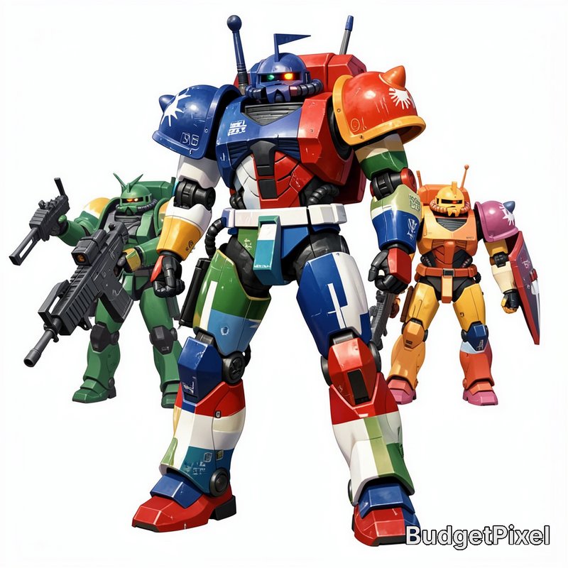 Custom multicolor patchwork Zaku Gundam mech stands front, flanked by armed green and orange Zaku units on a plain white