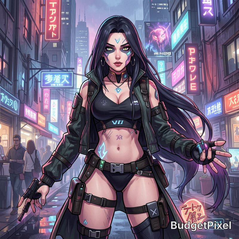 Anime-style cyberpunk female mercenary standing in a rainy neon-lit futuristic city street