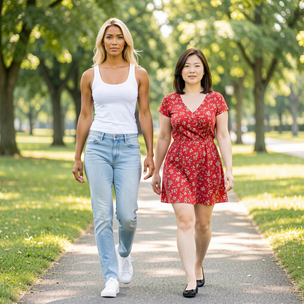 Two women walking together on a sunlit park path; one in a white tank top and jeans, the other in a red floral dress.