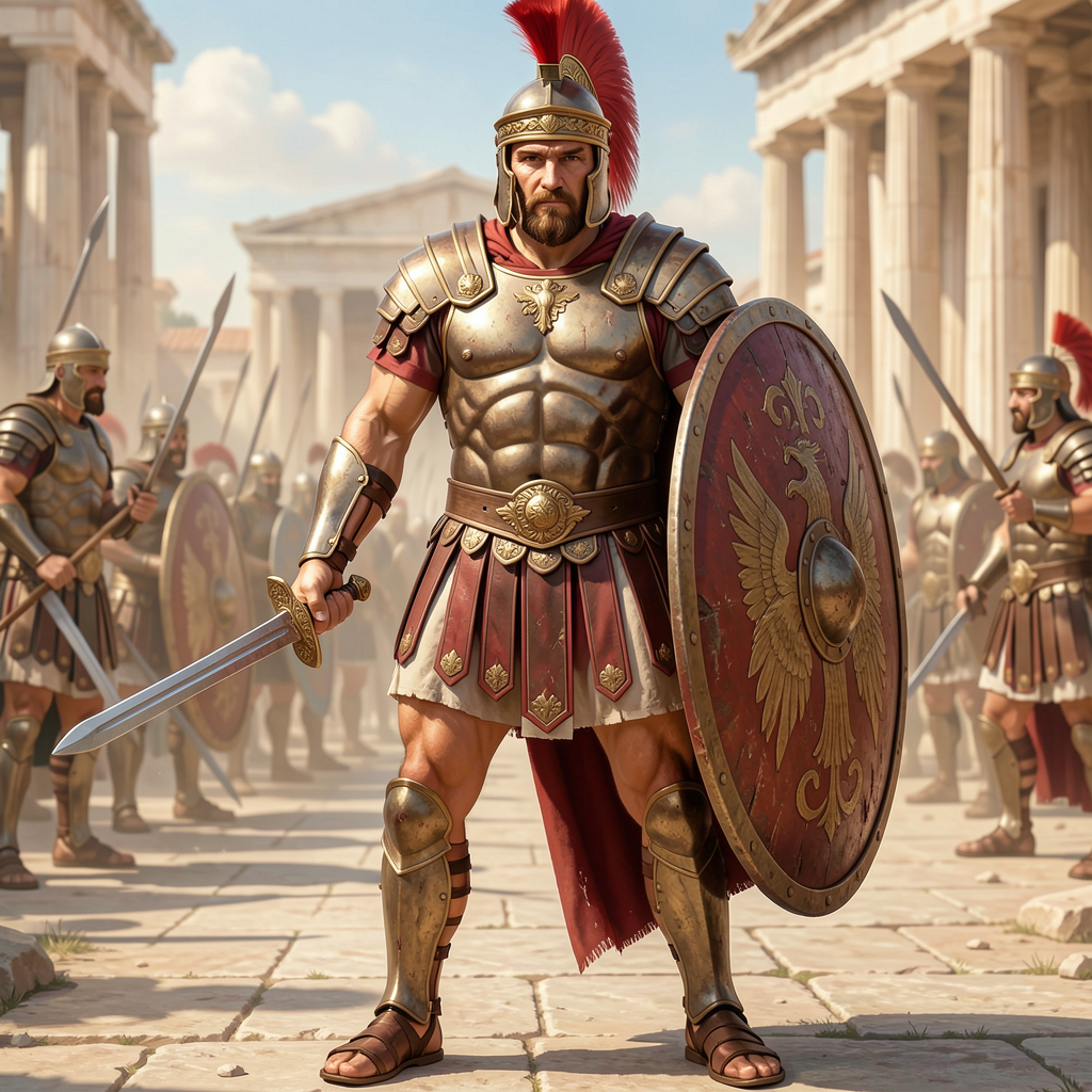 Muscular Roman centurion in bronze armor with red plume helmet, shield, and sword.