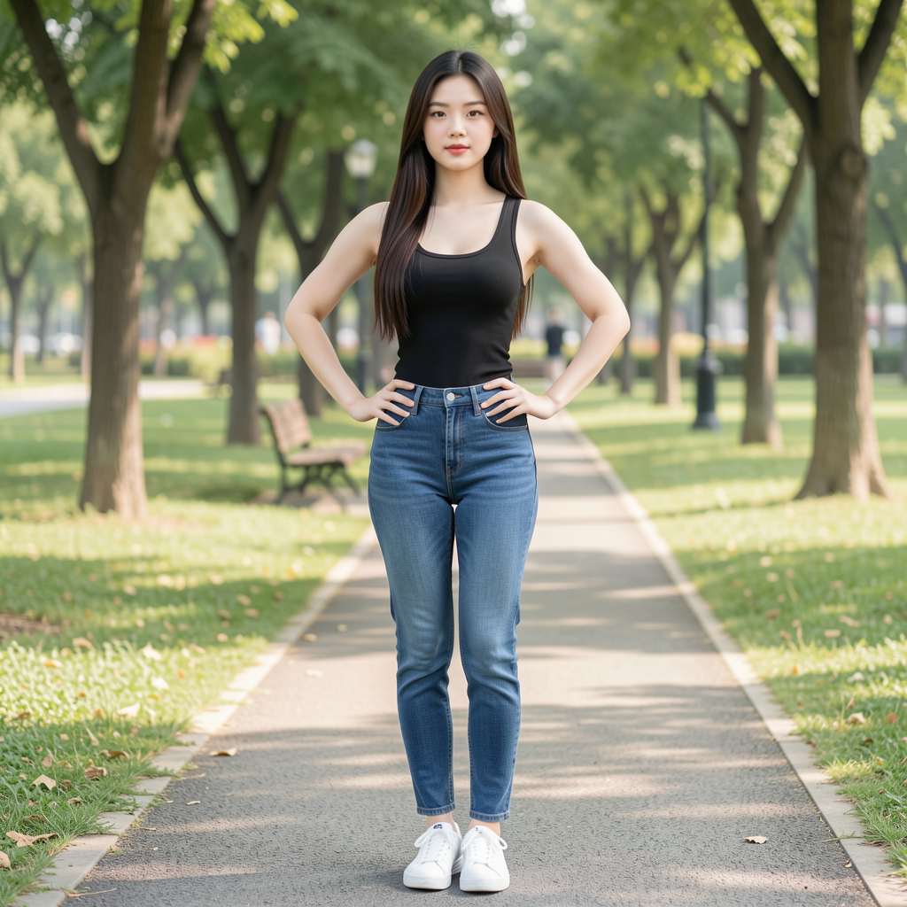Young woman standing on a park path with hands on hips, wearing a black tank top and blue jeans.