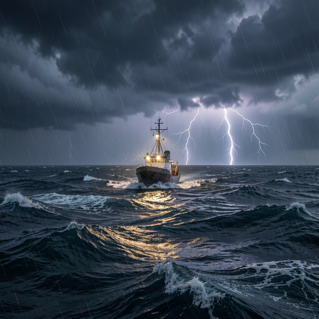A small fishing boat navigates rough waves as lightning strikes over a stormy sea.
