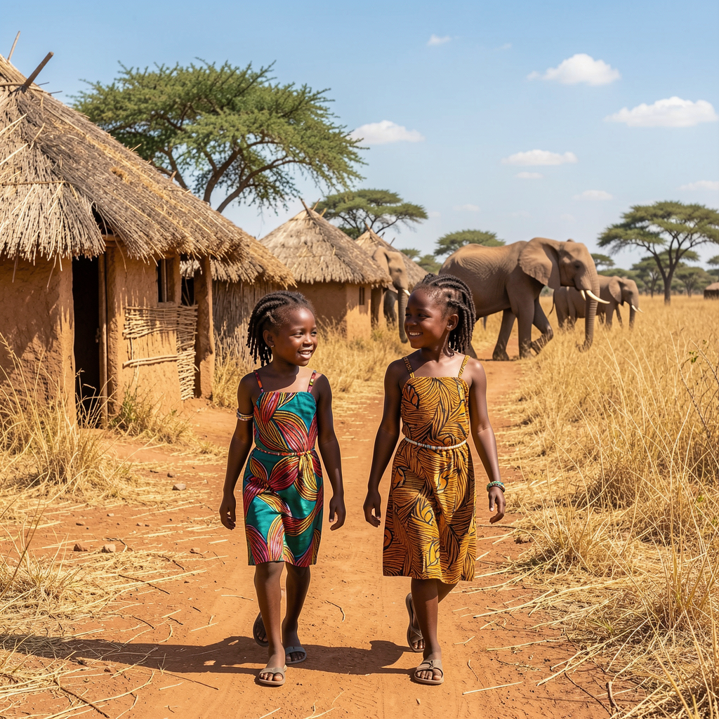 Two young African girls in colorful dresses walk a dusty village path with thatched huts and elephants in the background