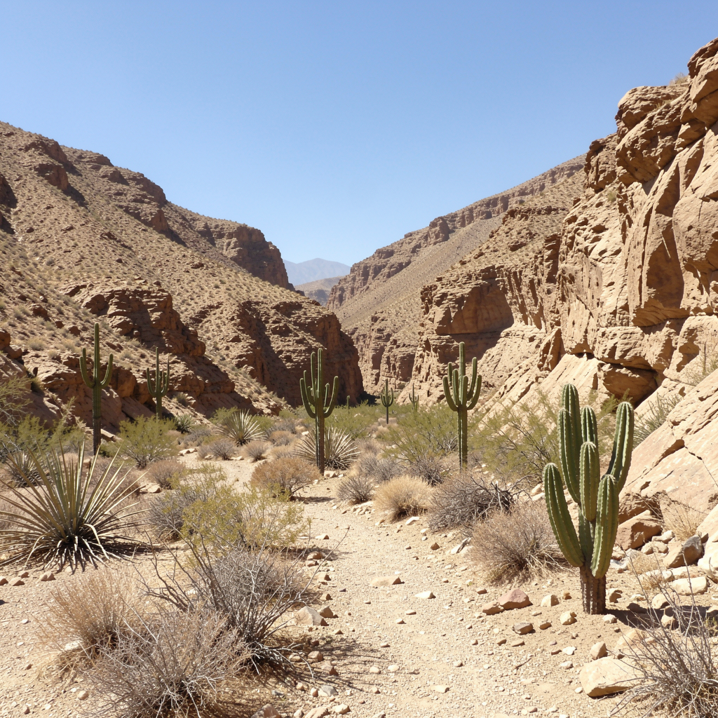 Desert canyon scene with tall cacti and rugged rocky cliffs under a clear blue sky.