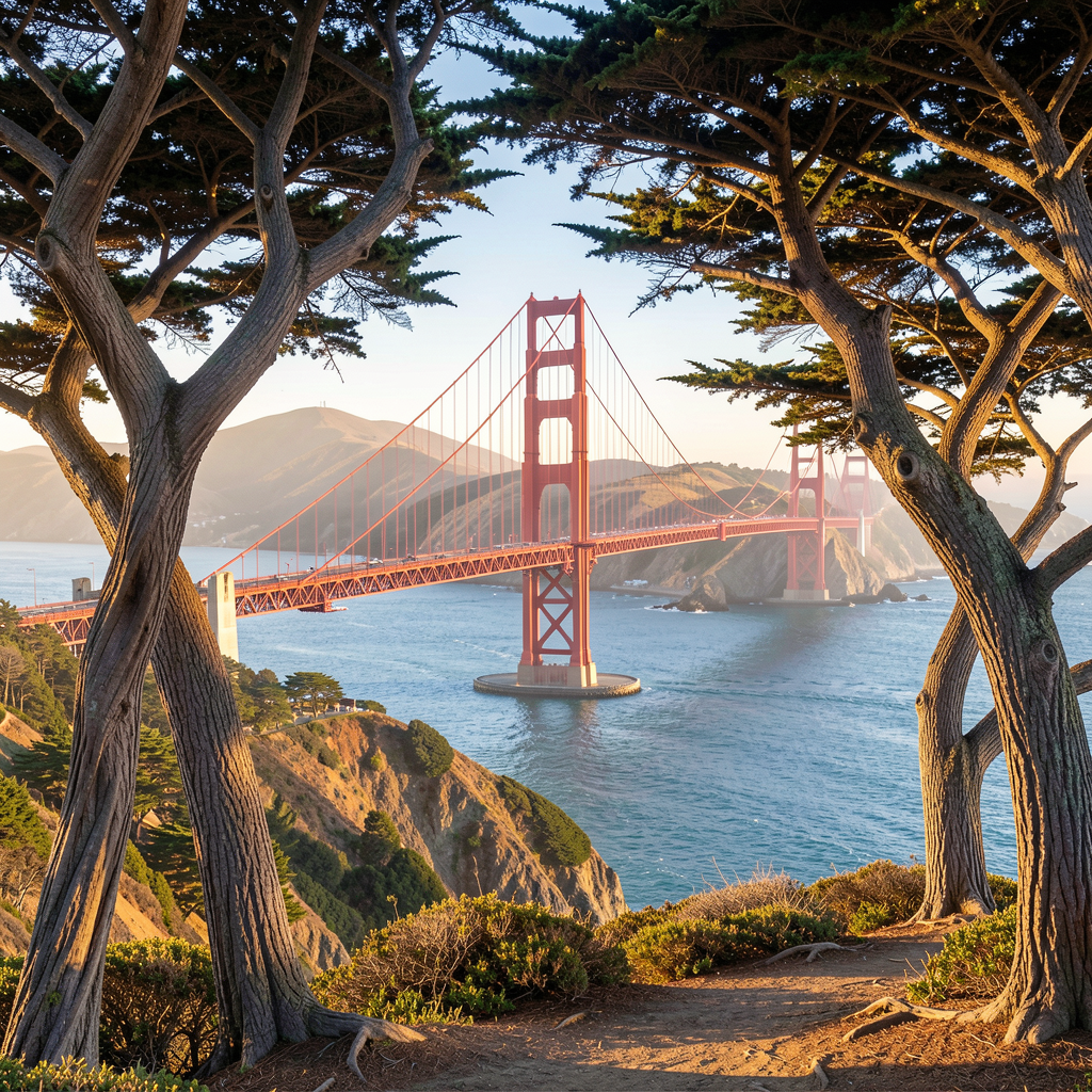 Golden Gate Bridge framed by twisted trees on a coastal trail with hills and water