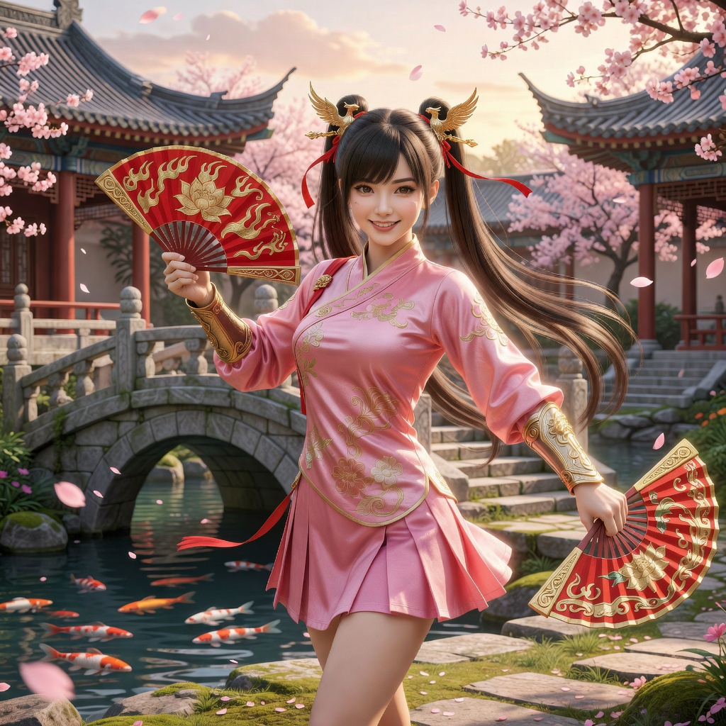 Young woman in pink traditional Chinese hanfu with gold embroidery, holding ornate red fans amid cherry blossoms.