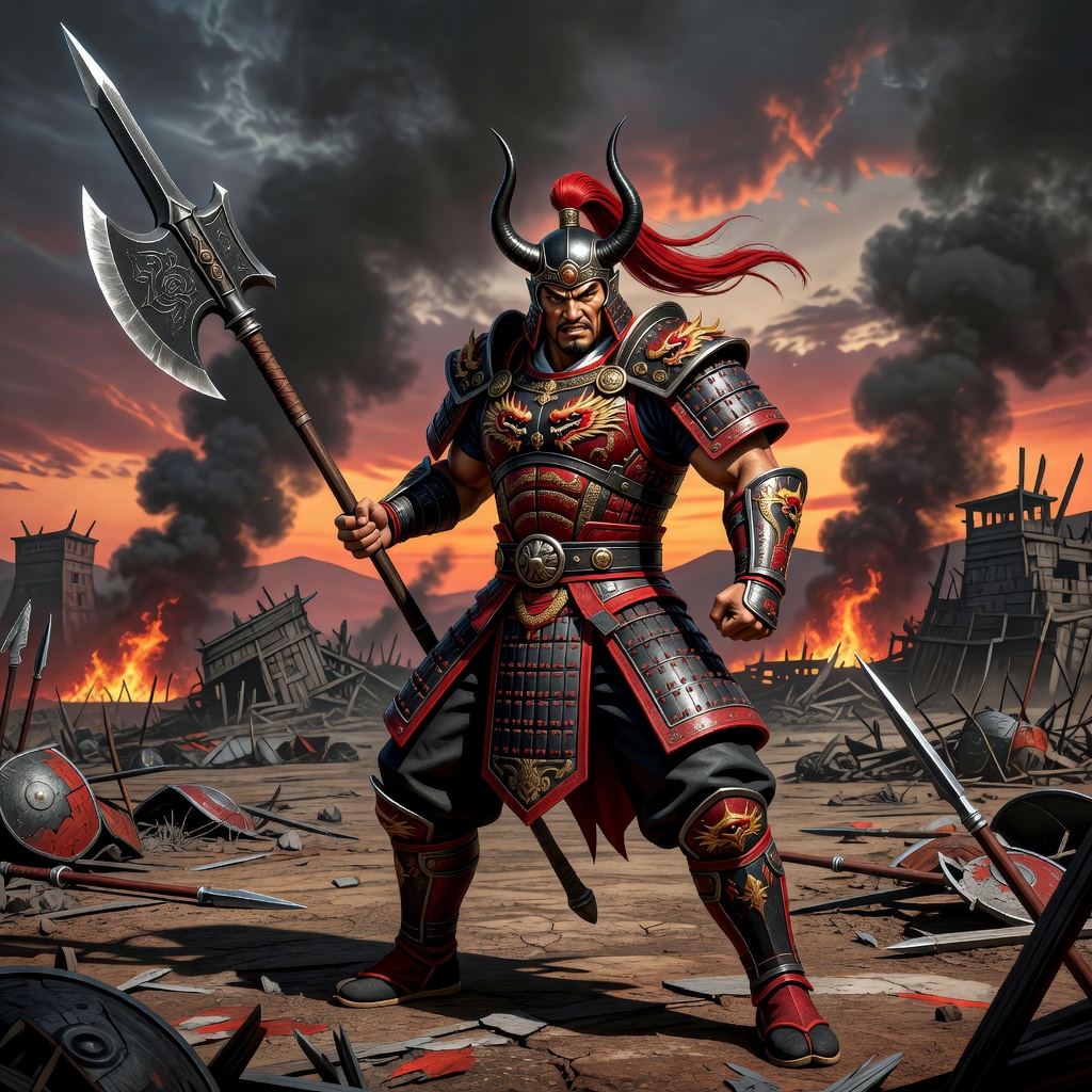 Powerful armored warlord with horned helmet and large double-edged axe in a fiery battlefield.