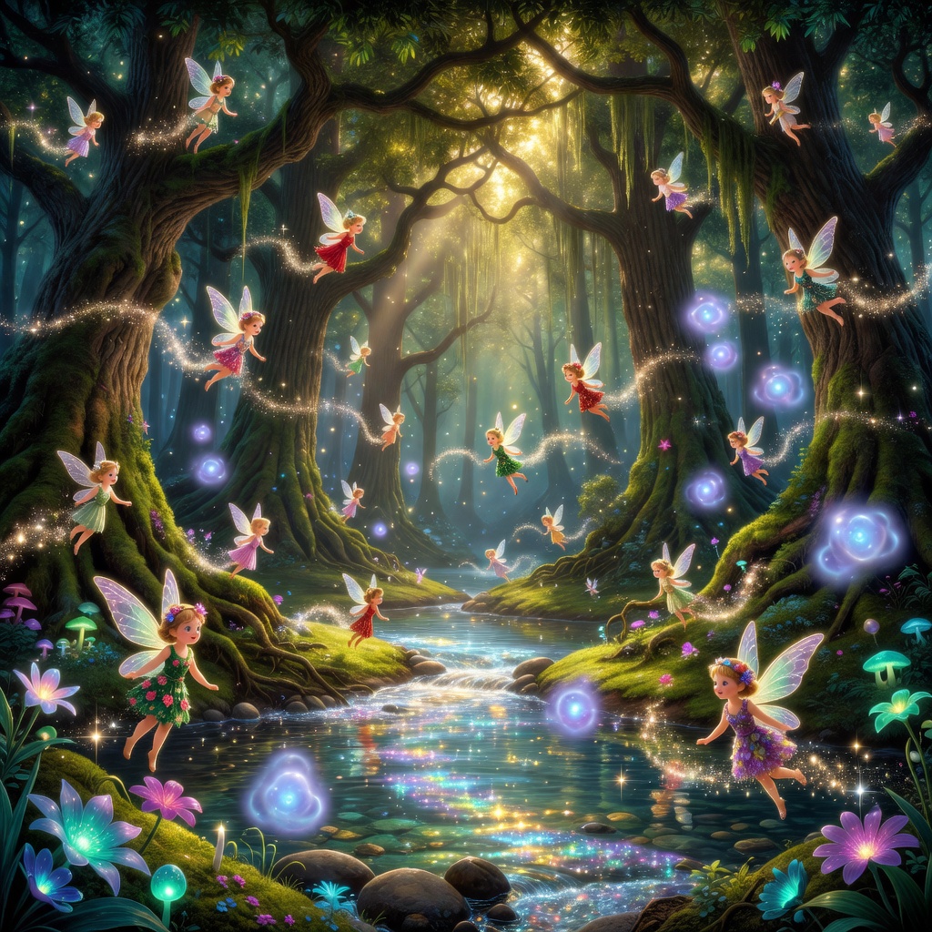 Whimsical forest creek scene with colorful pixie fairies and glowing orbs