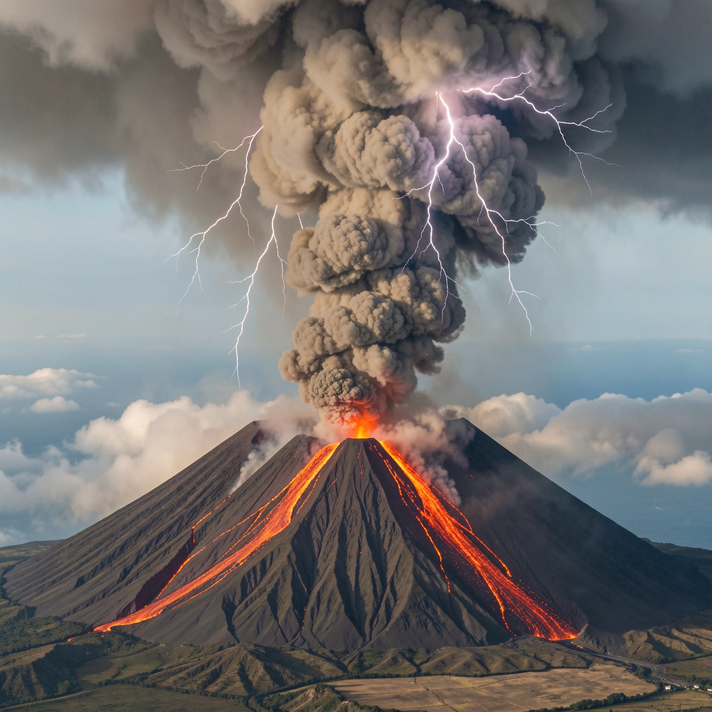 Volcano erupting with glowing lava flows, dark ash plume, and lightning in a dramatic sky.