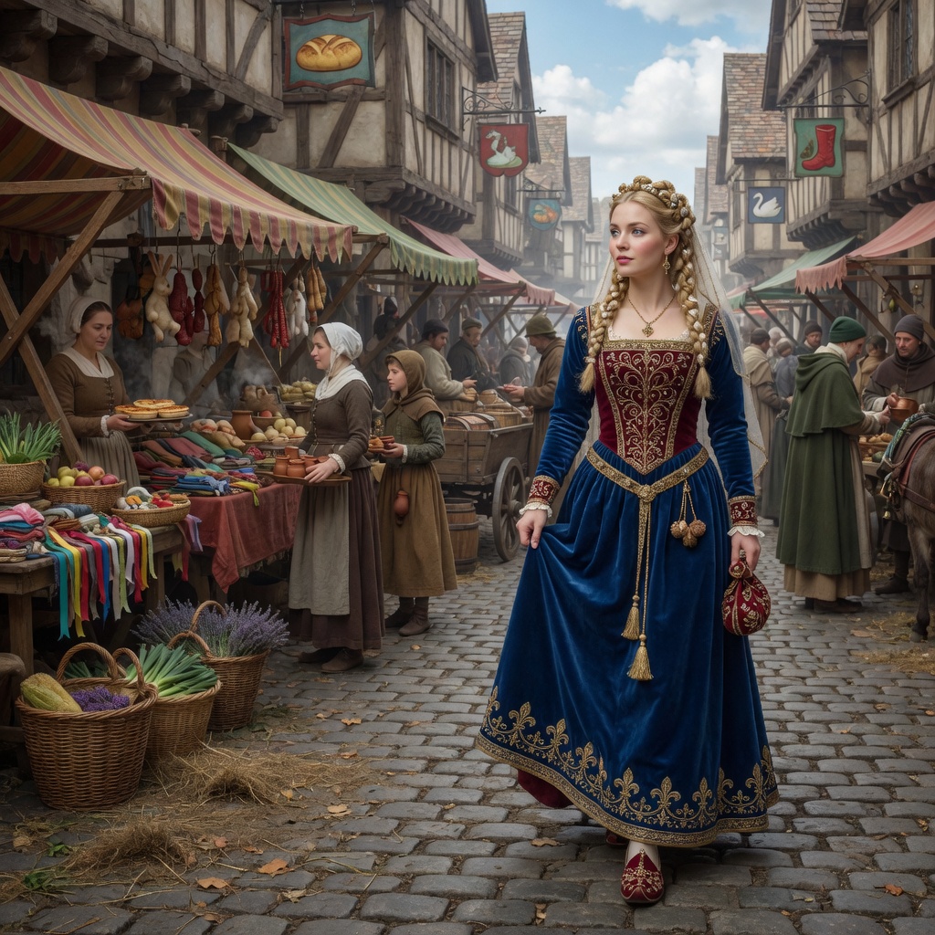 A woman in a royal blue medieval gown walks through a bustling cobblestone market.