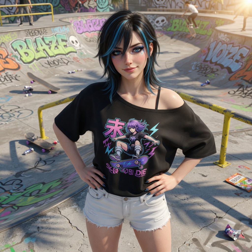 Stylized woman with dark blue hair and a graphic skateboard tee at a graffiti-filled skatepark.