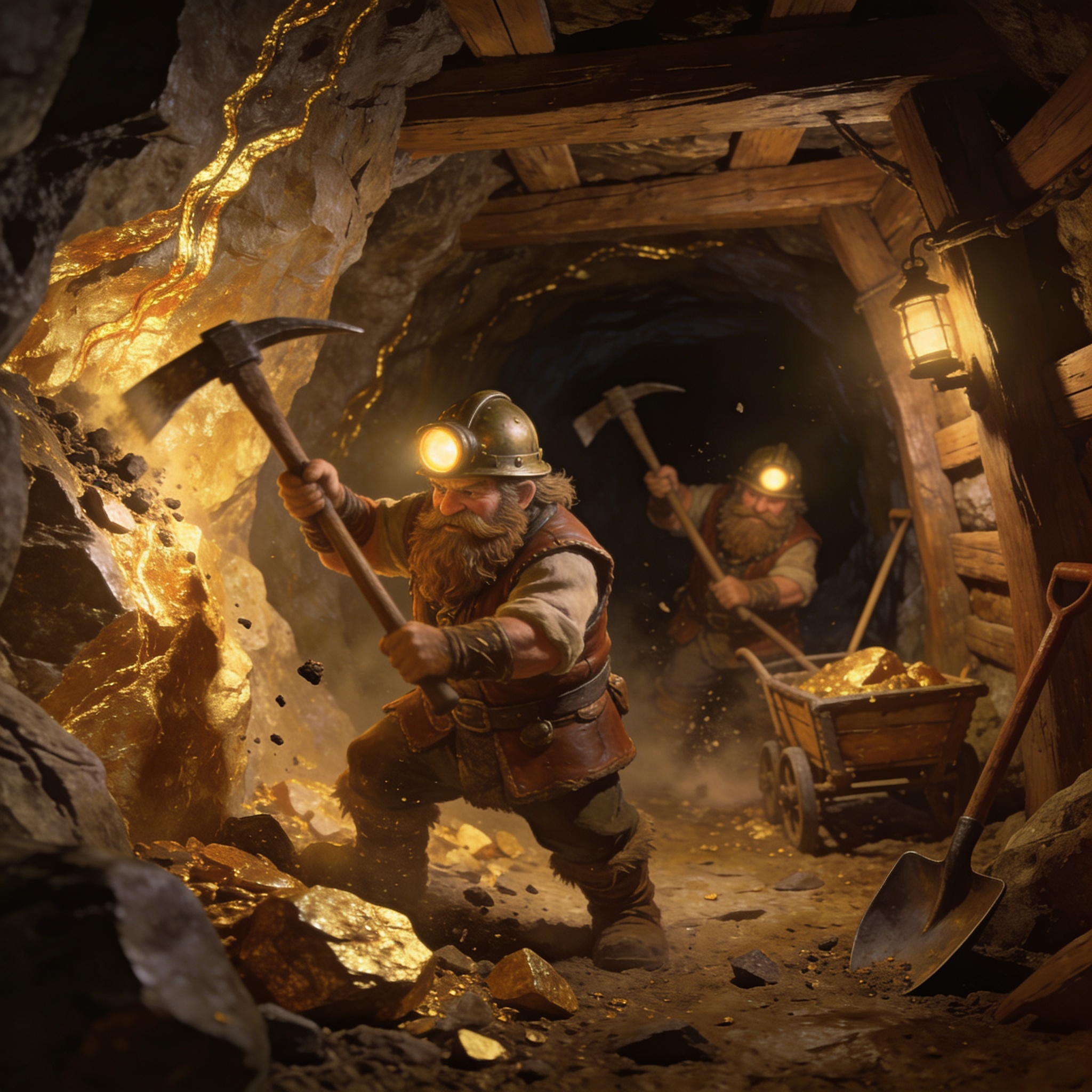 Two bearded dwarf miners with headlamps swing pickaxes to mine glowing gold ore inside a wood-shored underground mine tunnel.