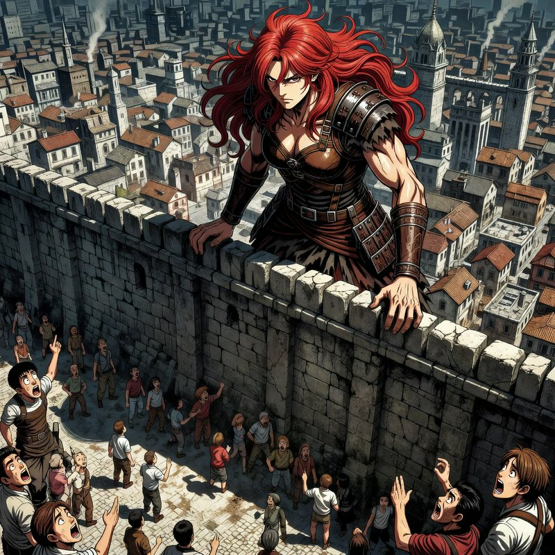 Red-haired armored warrior stands atop a medieval city wall overlooking a crowded town.