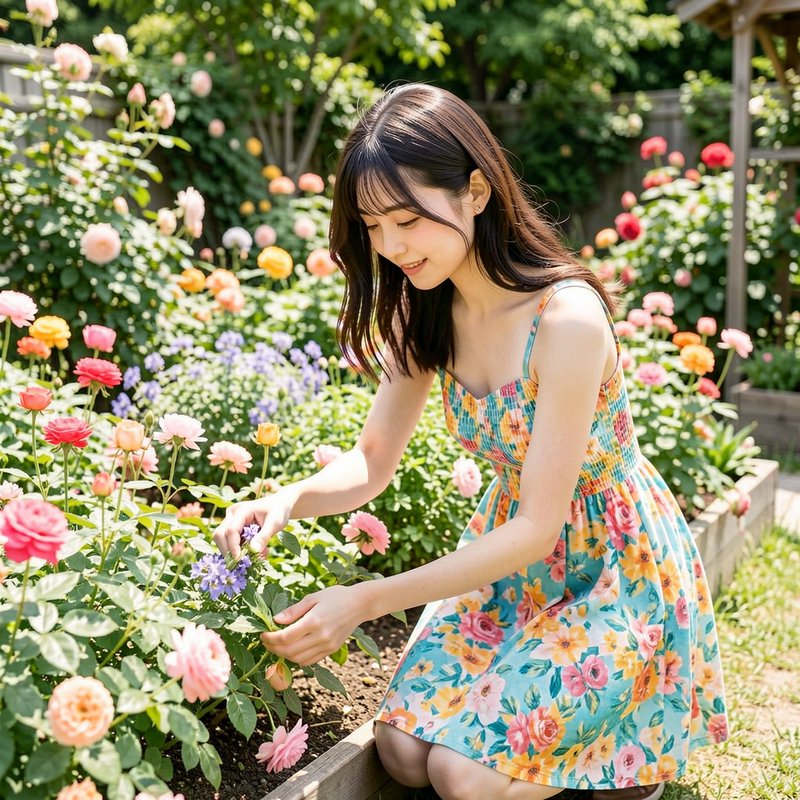 Young woman in a colorful floral sundress picking flowers in a sunlit garden.