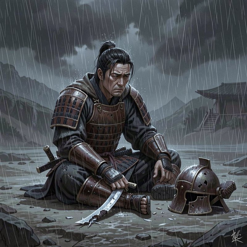 Rainy scene of a weary samurai in full armor sitting on a rocky shore with his helmet and katana nearby