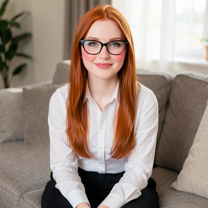 Portrait of a red-haired woman with glasses sitting on a sofa in a bright living room.