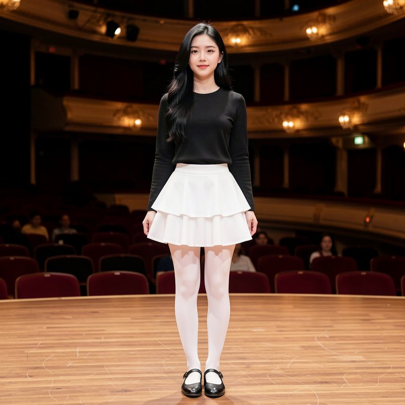 Young woman standing on a theater stage in a black top, white tiered skirt, and white tights.