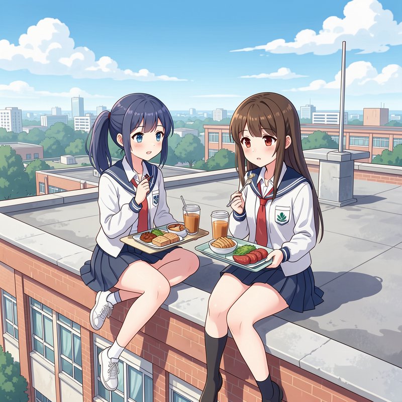 Two anime-style schoolgirls in sailor uniforms sharing lunch on a rooftop with a cityscape behind them.