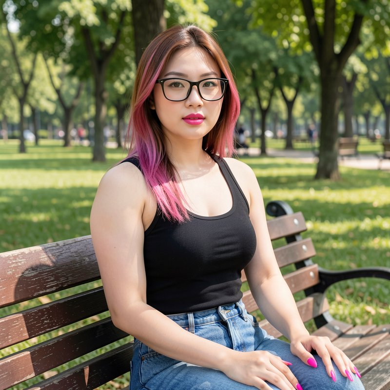 Woman with pink ombre hair and glasses sits on a park bench in a sunny green park.