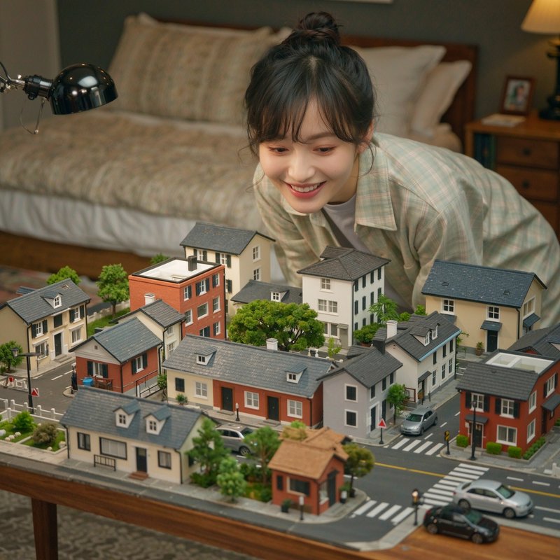Woman smiling and leaning over a detailed indoor miniature city model with colorful houses and streets.