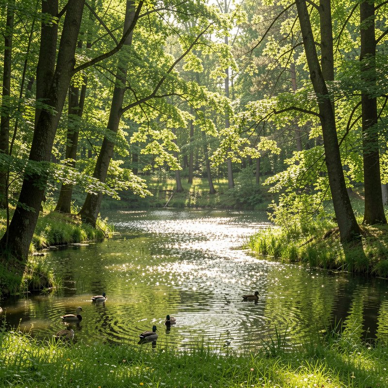 Tranquil forest pond with ducks and sun-dappled water among trees