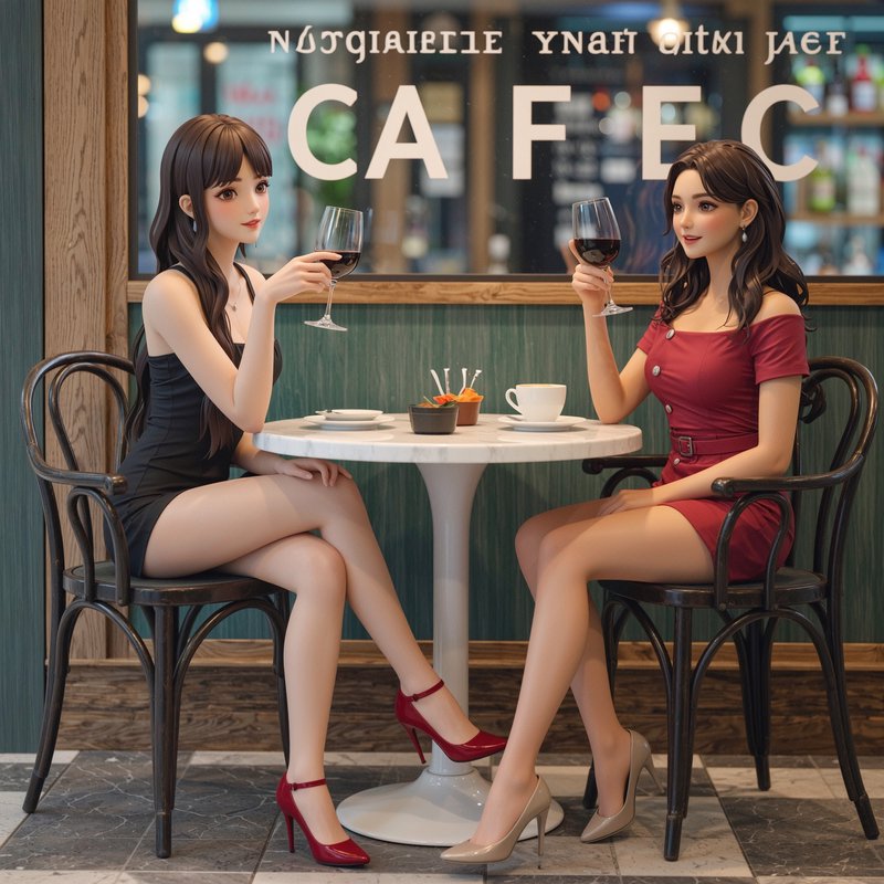 Two stylish women in short dresses sit at a cafe table, clinking wine glasses.