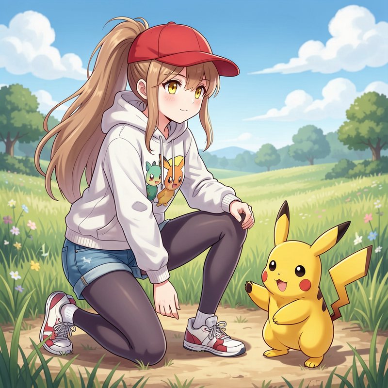 Anime-style girl kneeling in a sunny field greeting Pikachu from Pokemon.