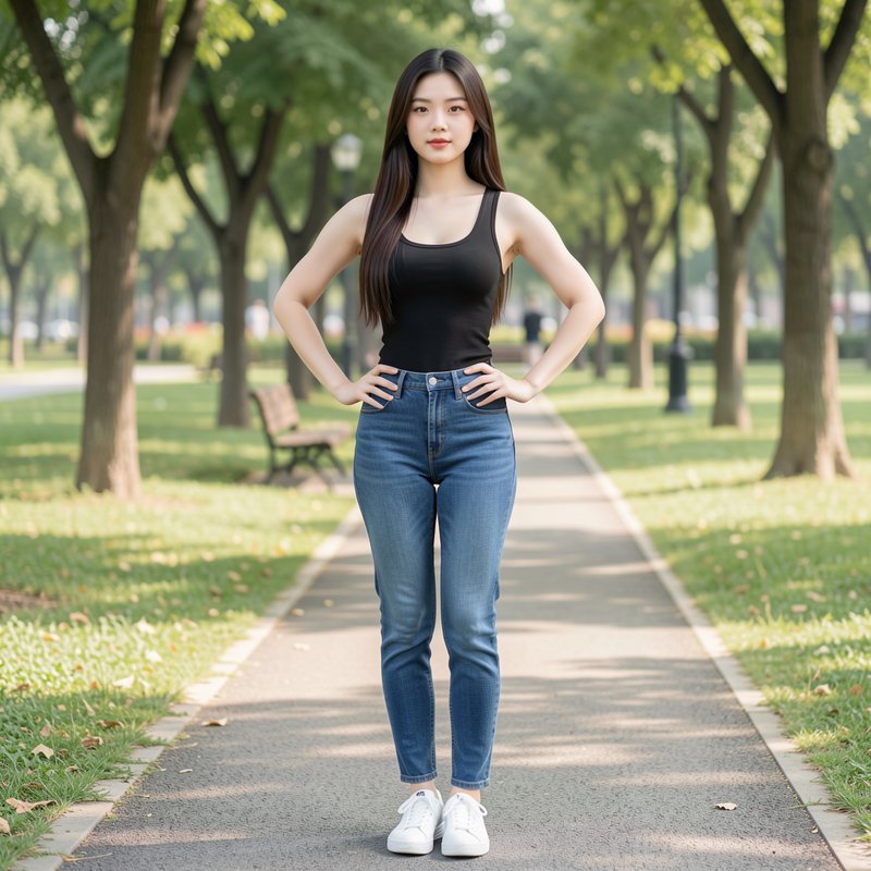 Young woman standing on a park path with hands on hips, wearing a black tank top and blue jeans.