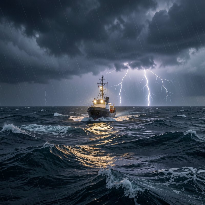 A small fishing boat navigates rough waves as lightning strikes over a stormy sea.