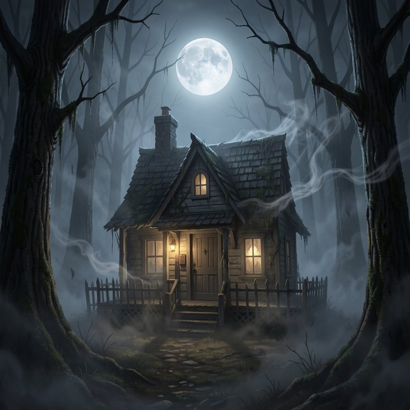 Cozy, spooky wooden cottage in a moonlit, foggy forest at night.